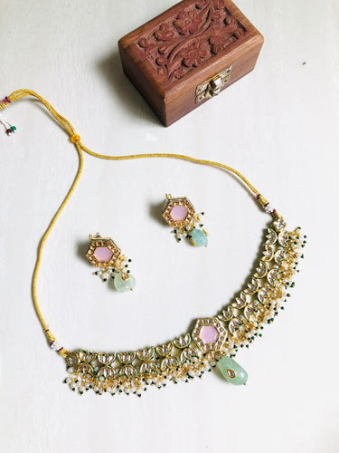 Pink Mint Kundan Necklace Set